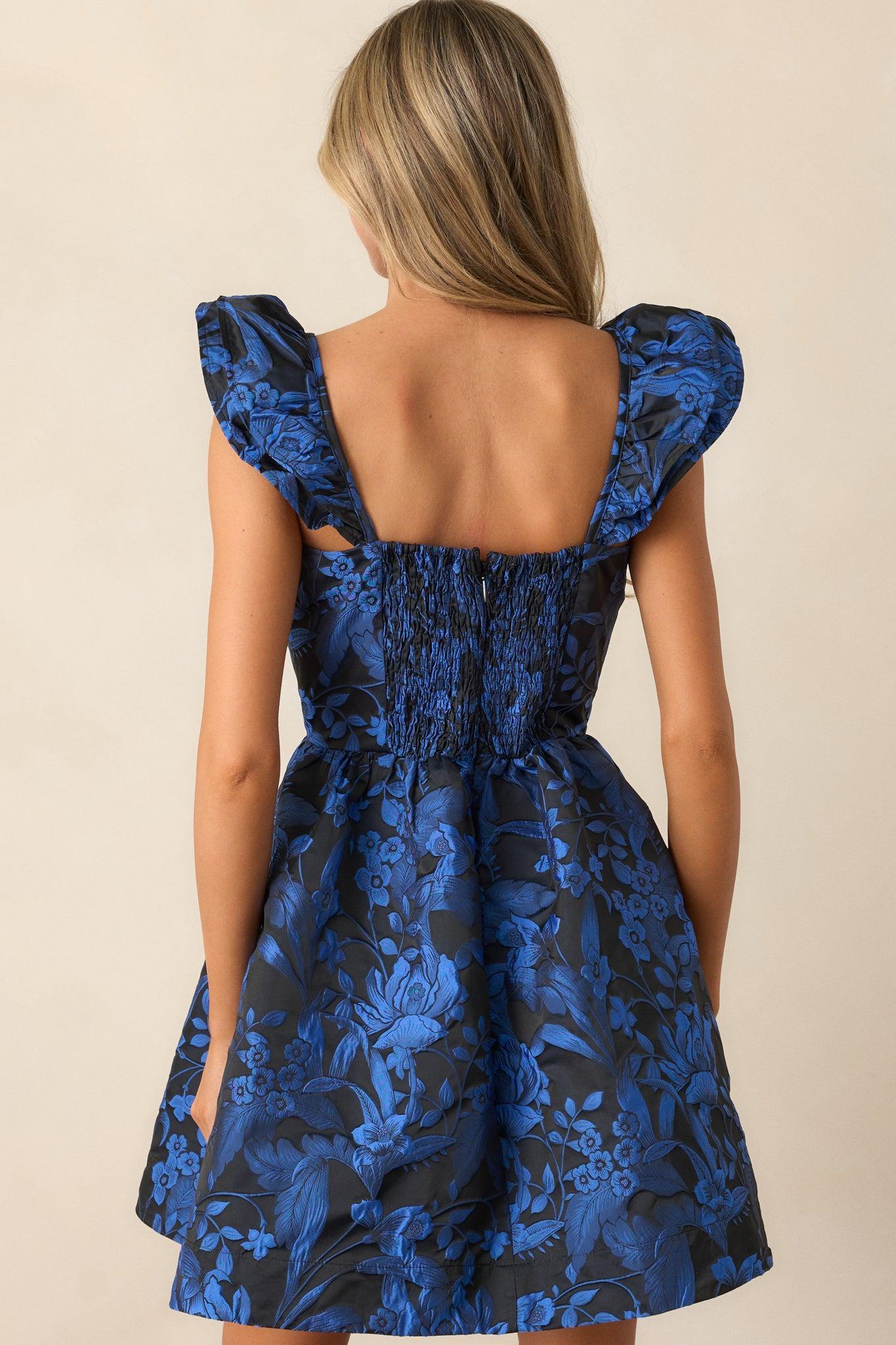 Full Speed Ahead Royal Blue Floral Jacquard Mini Dress Product Image