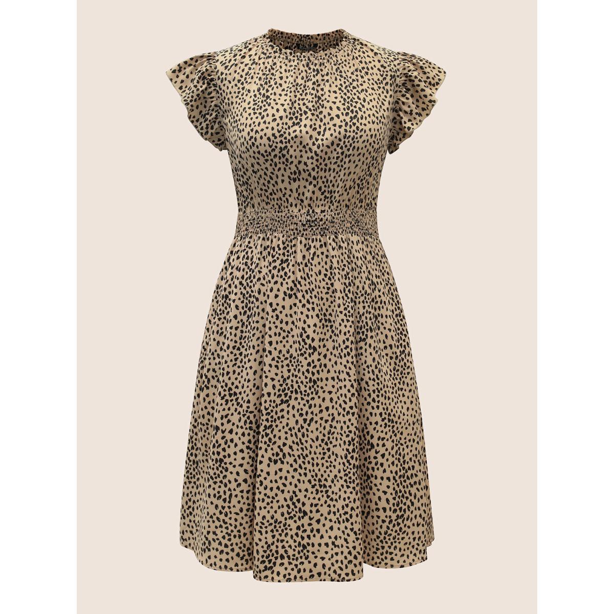 Plus Size Leopard Print Frill Trim Cap Sleeve Dress Bronze Women At the Office Round Neck Cap Sleeve Curvy BloomChic 26/4X Product Image