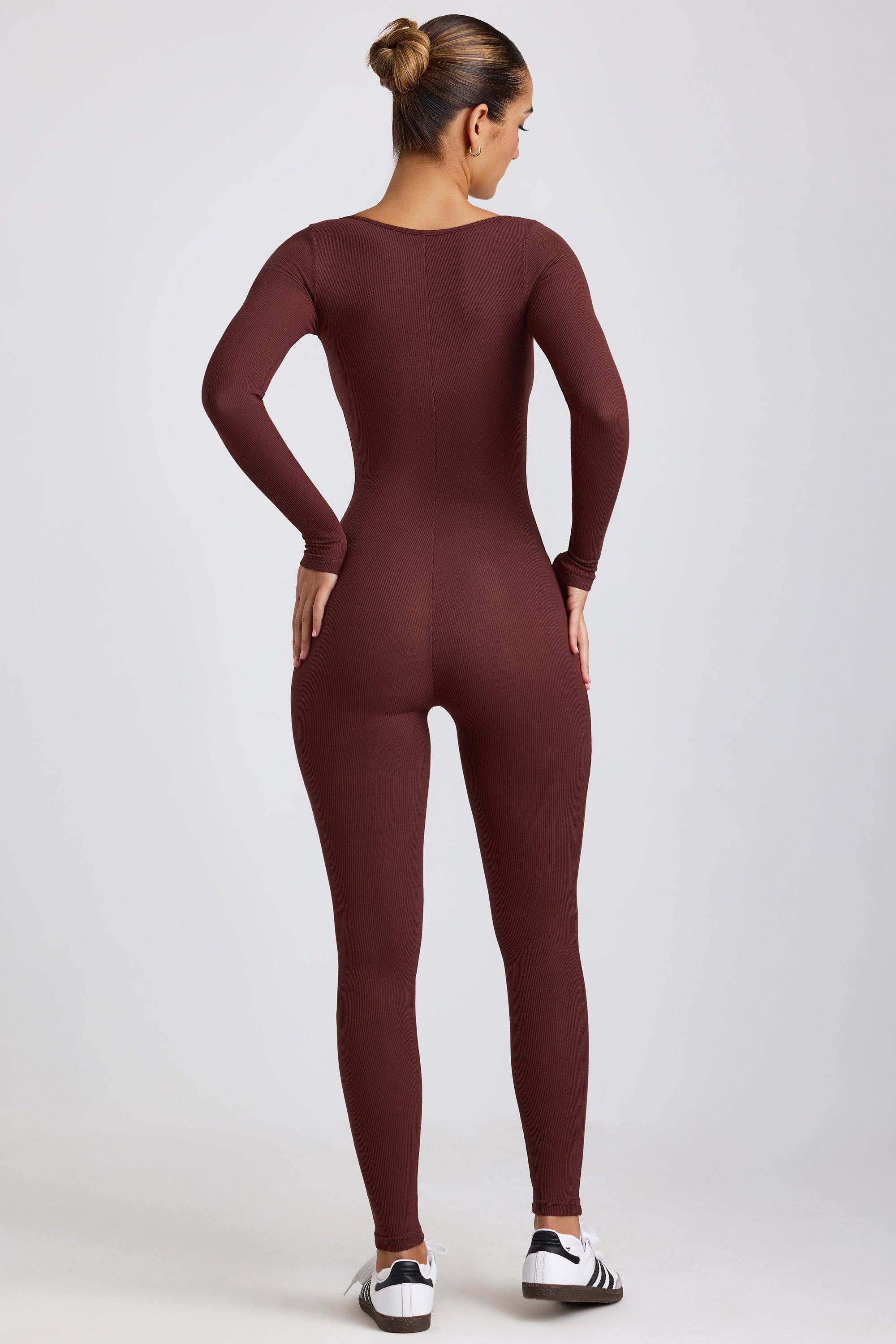 Petite Ribbed Modal Long Sleeve Jumpsuit in Espresso Product Image