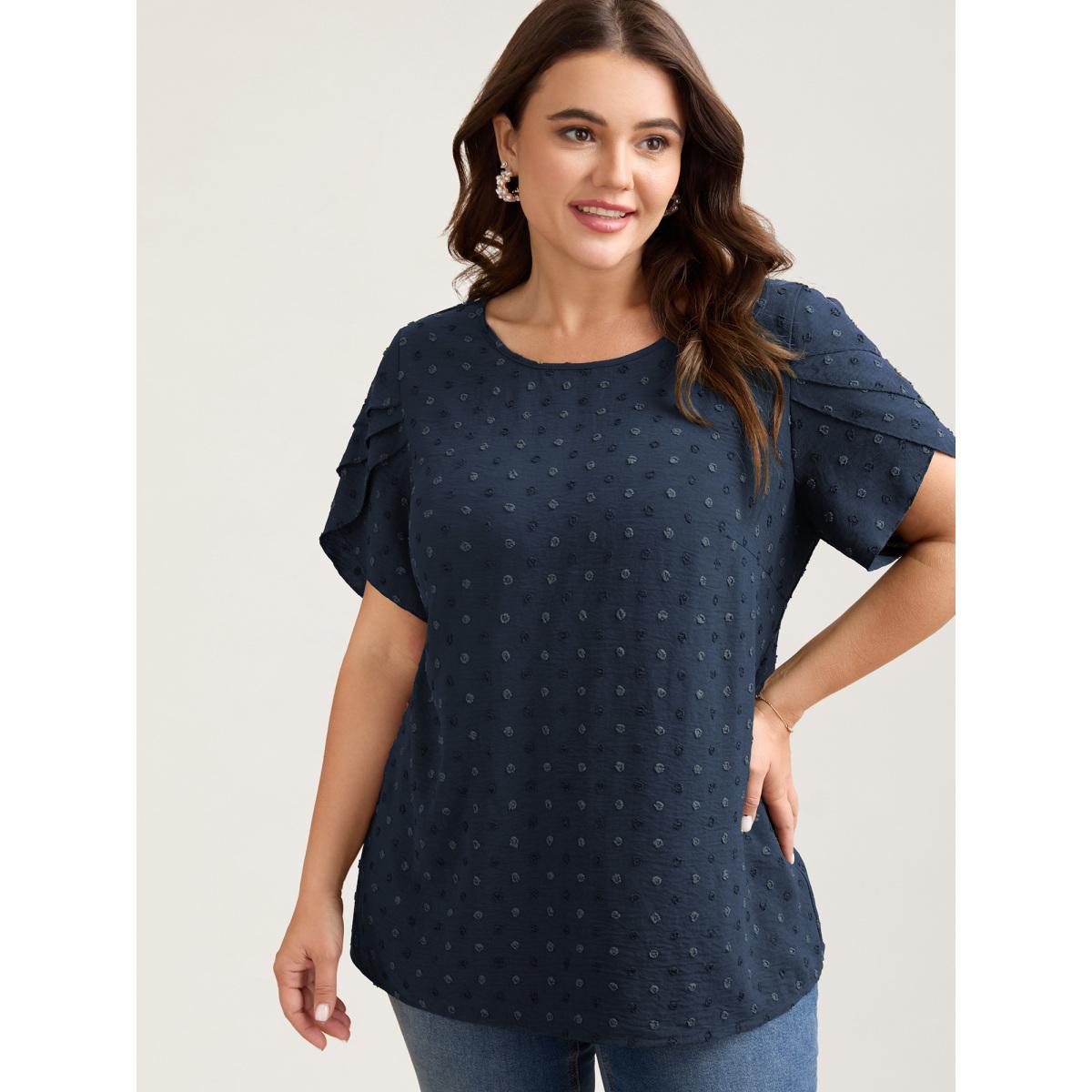 Plus Size DarkGreen Textured Color Contrast Petal Sleeve Blouse Women Timeless Short sleeve Round Neck Elegant Blouses BloomChic 14-16/1X Product Image