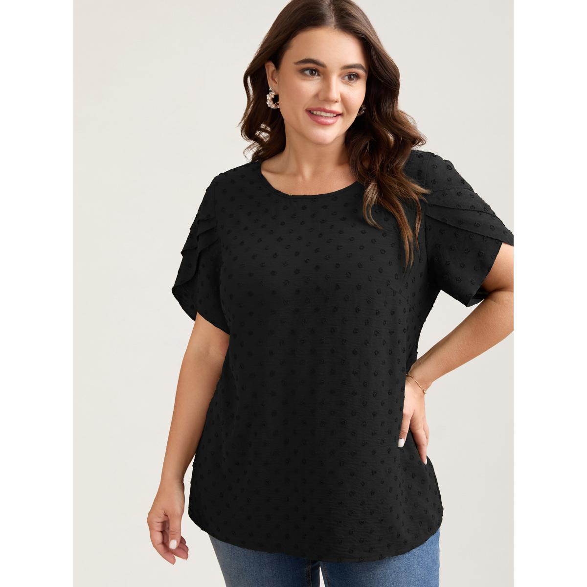 Plus Size DarkGreen Textured Color Contrast Petal Sleeve Blouse Women Timeless Short sleeve Round Neck Elegant Blouses BloomChic 14-16/1X Product Image