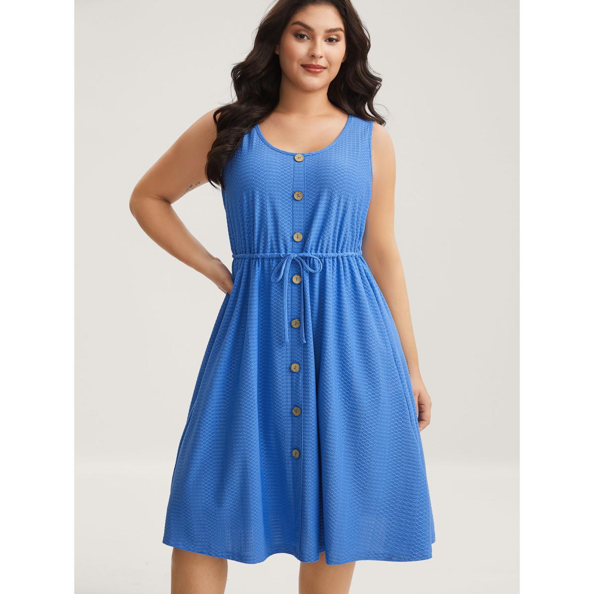 Plus Size Textured Waist Drawstring Pockets Midi Dress Skyblue Women U-neck Sleeveless Curvy BloomChic 10/M Product Image