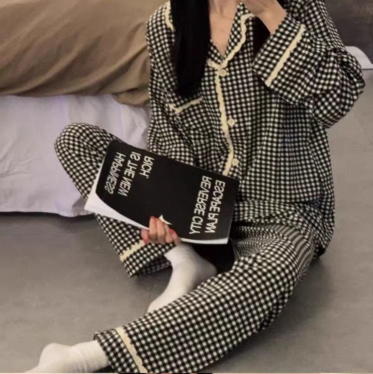 Pajama Set: Gingham Lace Trim Shirt + Pants Product Image