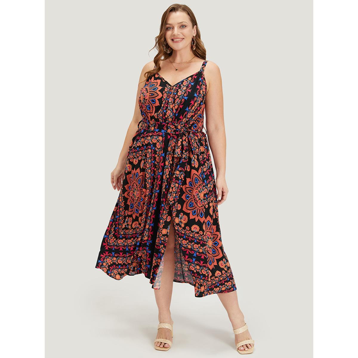 Plus Size Boho Print Belted Split Hem Pocket Cami Dress Black Women Vacation Gathered V-neck Sleeveless Curvy Midi Dress BloomChic 10/M Product Image