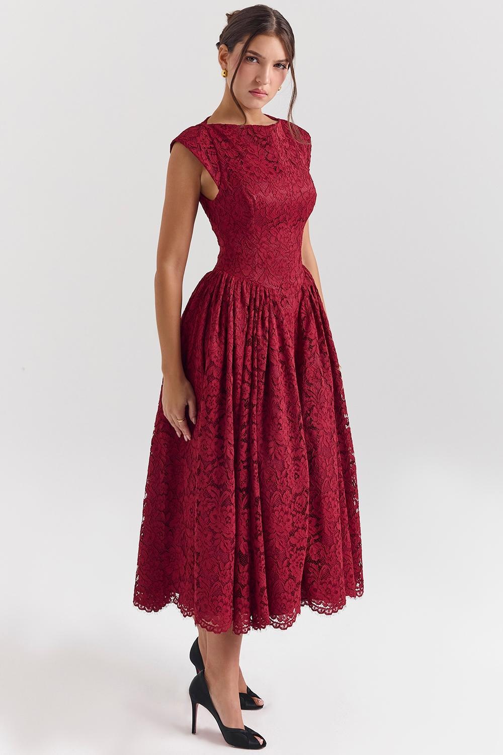 Debutante  berry lace backless midi dress Product Image