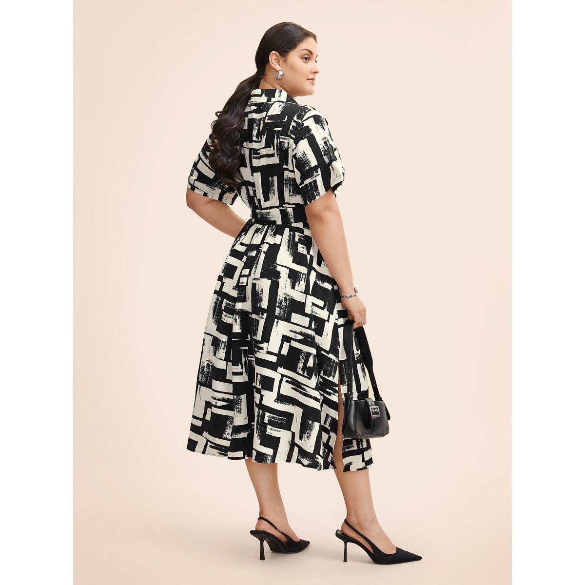 Plus Size Shirt Collar Colorblock Contrast Midi Dress Black Women At the Office Belted Shirt collar Short sleeve Curvy BloomChic 22-24/3X Product Image