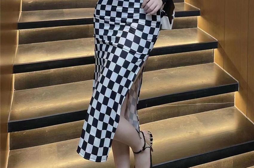 Long-Sleeve Stand Collar Checkerboard Cutout Slit Midi Bodycon Dress Product Image