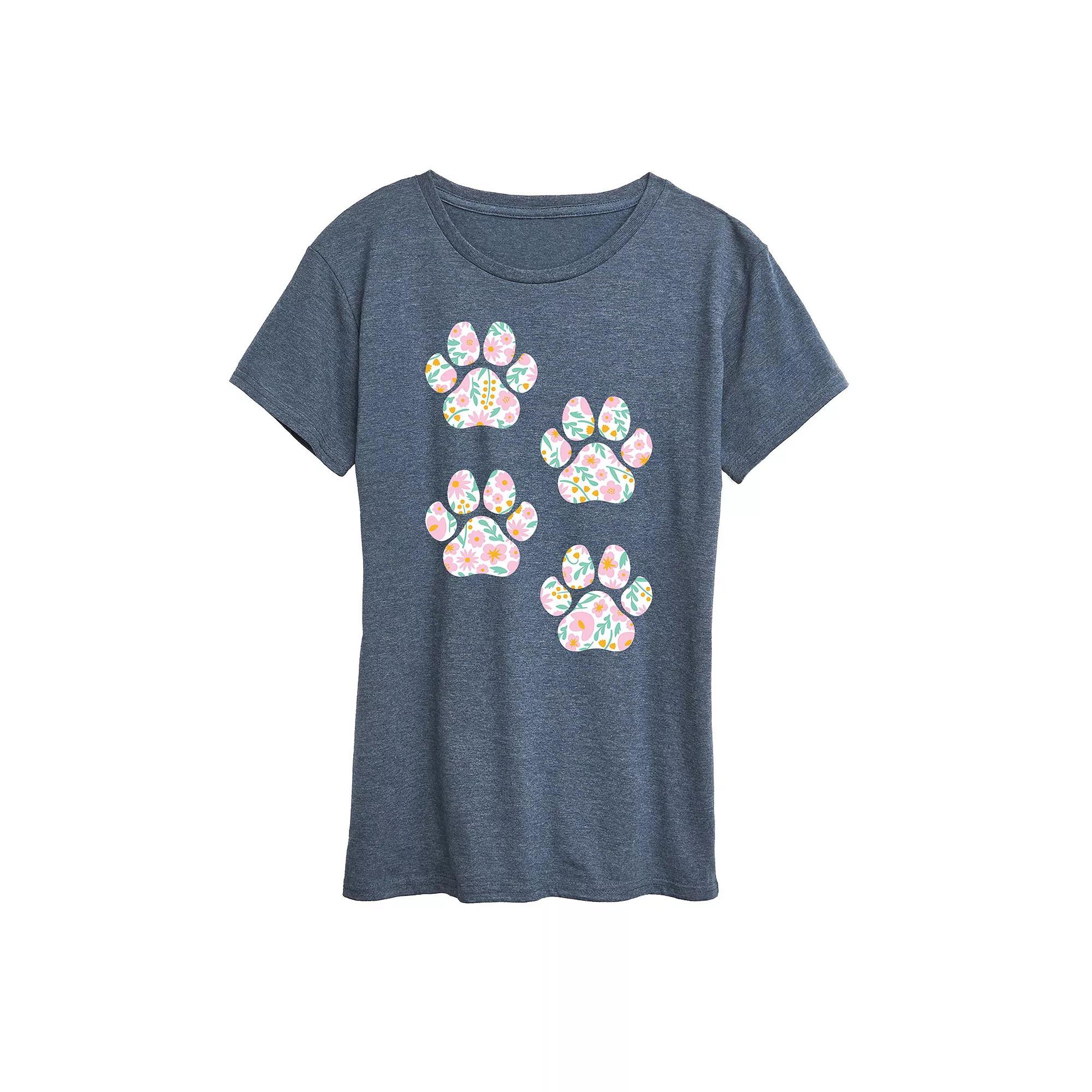 Women's Floral Dog Paw Prints Graphic Tee, Size: Large, Grey Blue Product Image