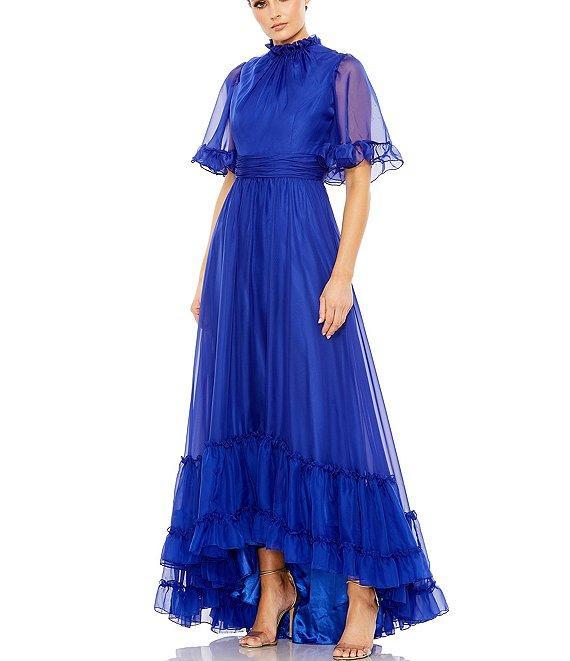 Mac Duggal Ruffled Mock Neck Short Flutter Sleeve High-Low Hem Gown Product Image