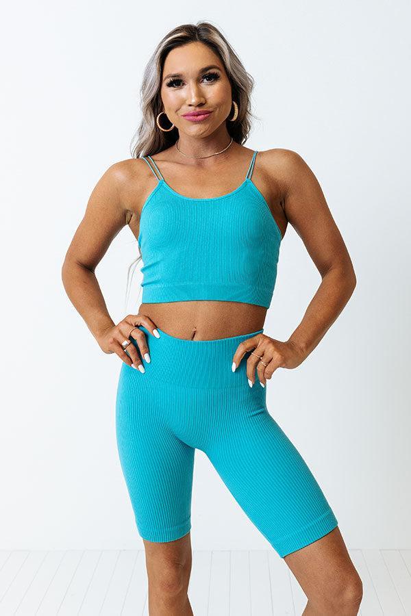 Up At Dawn High Waist Ribbed Biker Shorts in Turquoise Product Image
