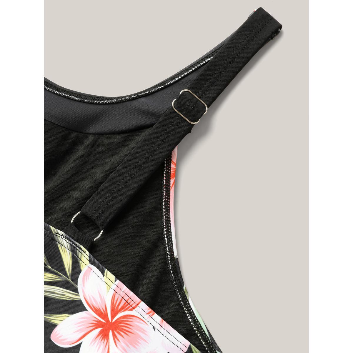 Plus Size Side Floral Pattern Round Neck Swim Top Women's Swimwear Black Resort Gathered High stretch Skinny Halter neck Curve Swim Tops BloomChic 28/5X Product Image