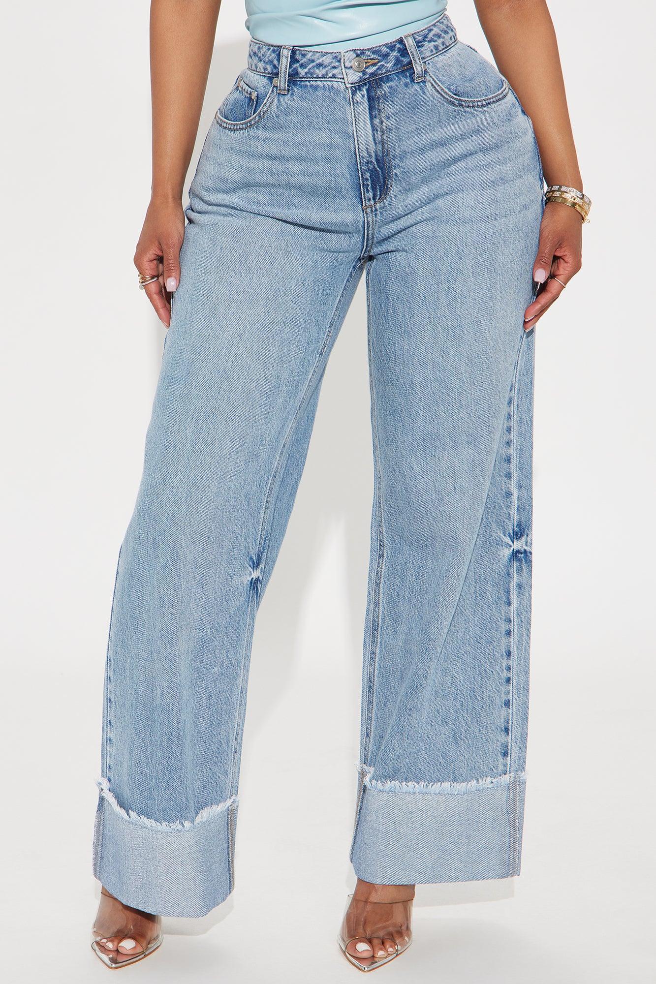 Cuff It Non Stretch Cuffed Wide Leg Jeans - Medium Wash Product Image