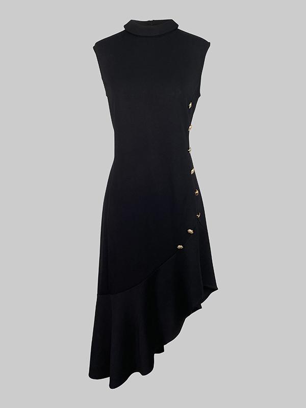 Loose Sleeveless Asymmetric Buttoned Ruffle Trim Solid Color Mock Neck Midi Dresses Product Image