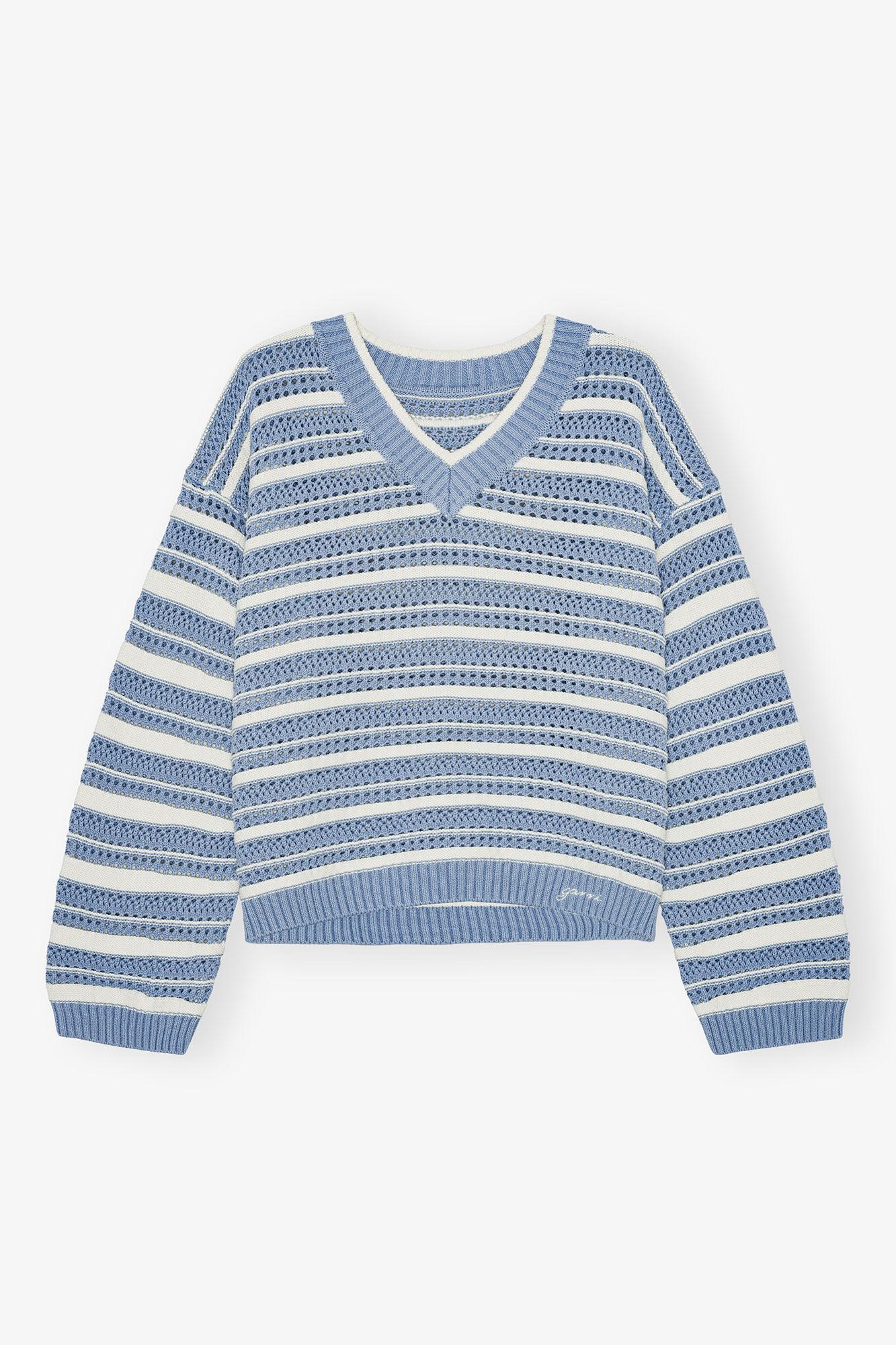 Blue Striped Cotton V-neck Sweater Product Image