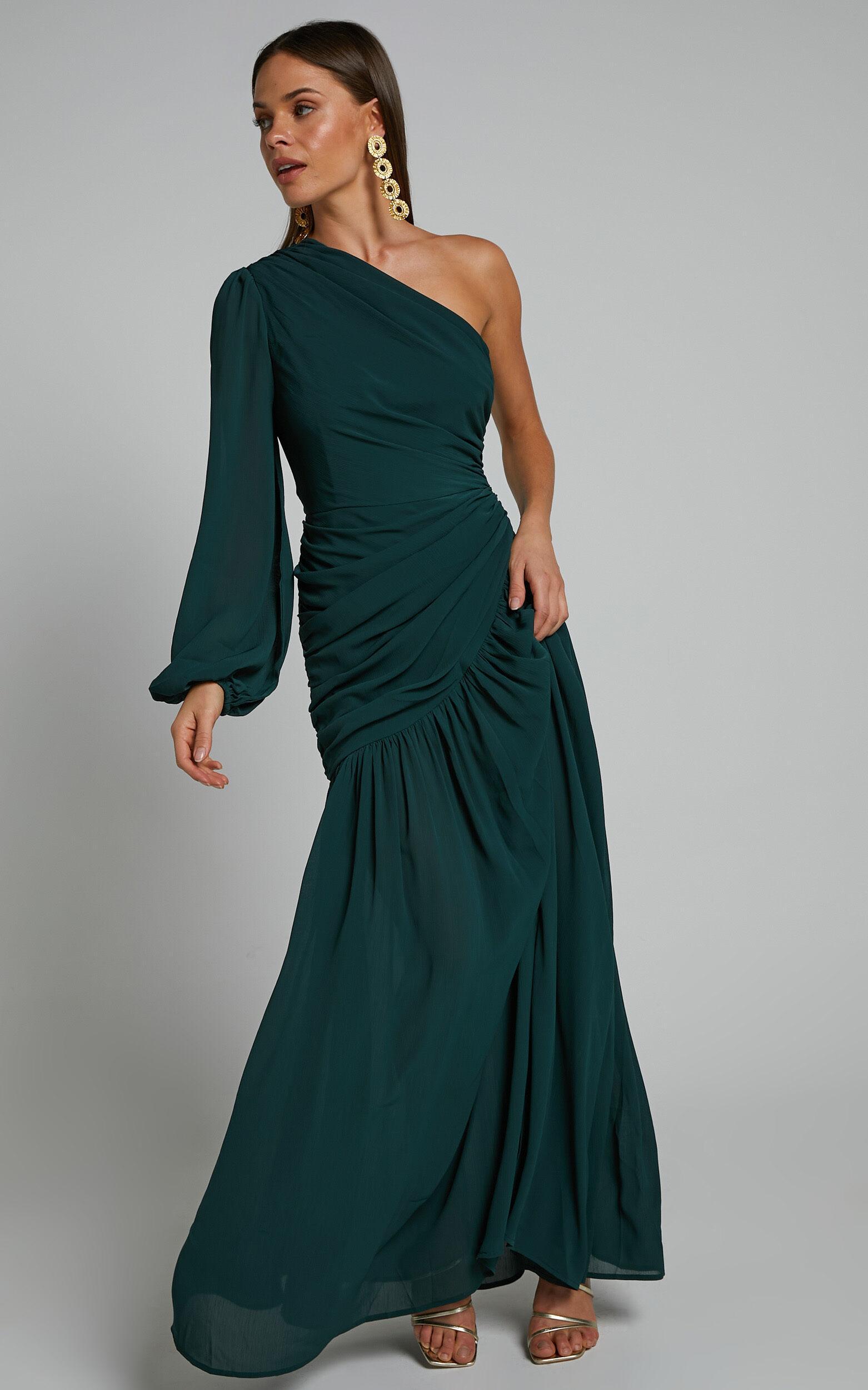 Grittah Midi Dress - One Shoulder Bishop Sleeve High Split Ruched Dress in Emerald Product Image
