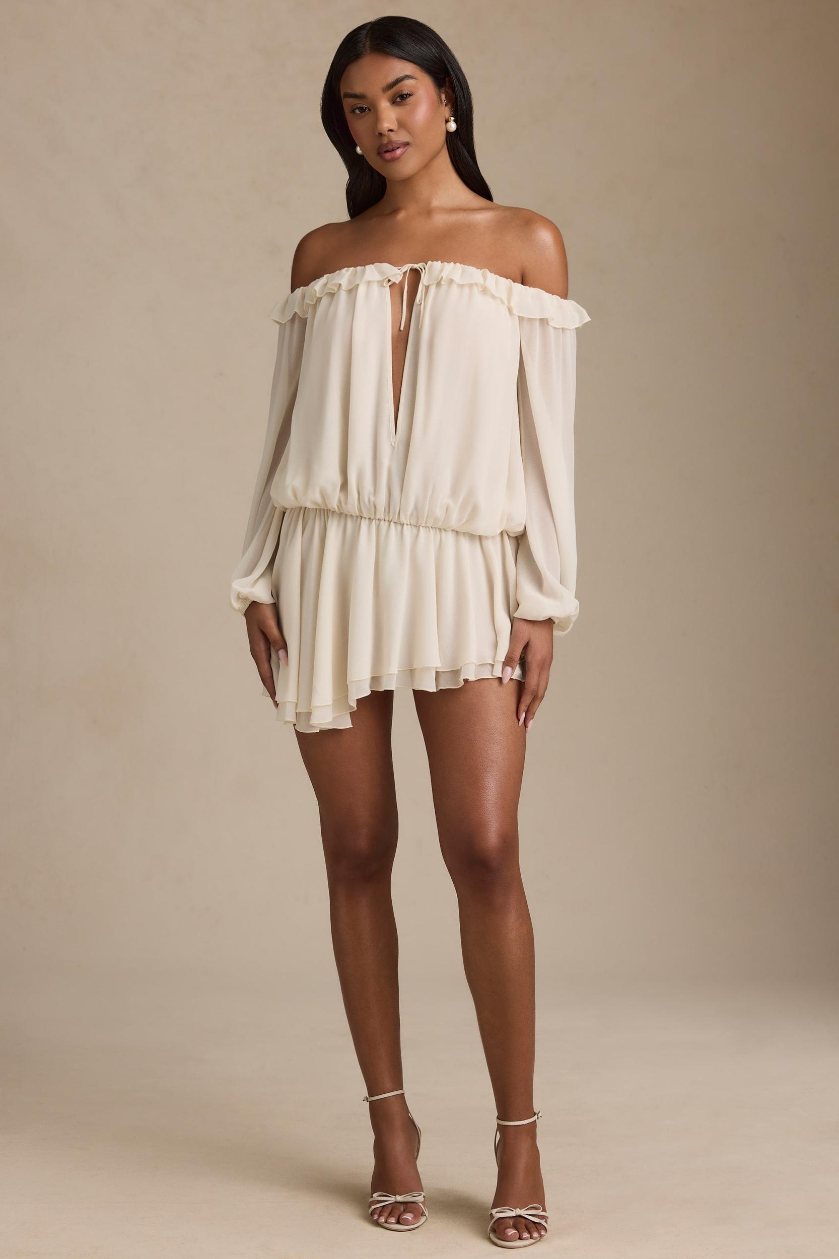 Off-Shoulder Asymmetric Balloon-Sleeve Mini Dress in Ivory Product Image