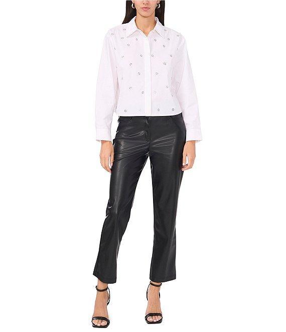 Vince Camuto Poplin Point Collar Long Sleeve Grommet Detail Cropped Button Front Blouse Product Image