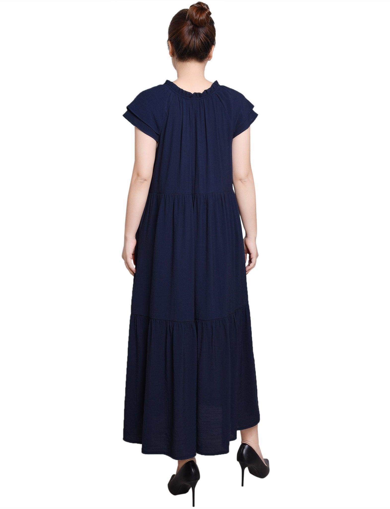 Navy Short Sleeve Slubbed Midi Dress Product Image