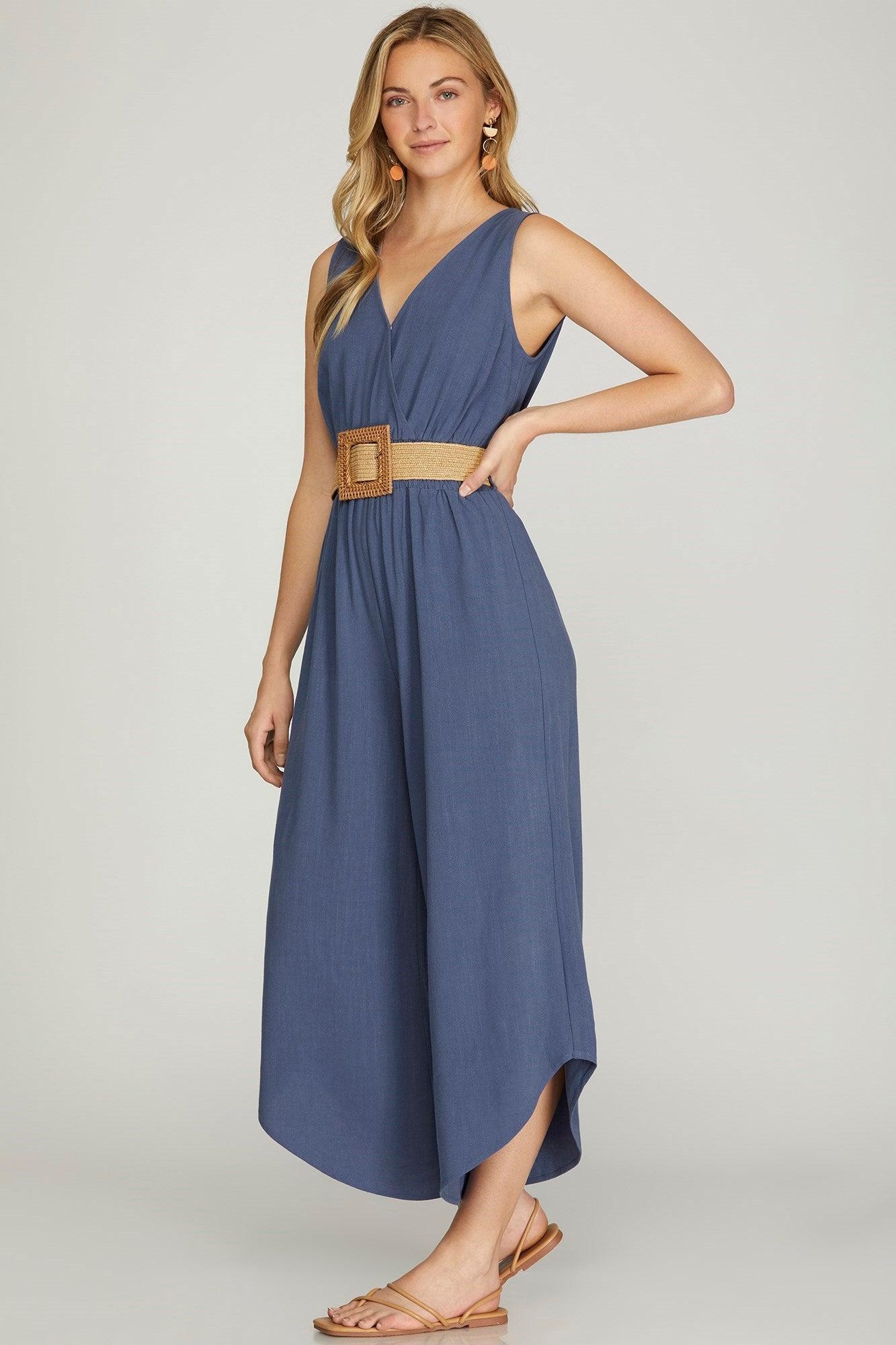 Woven Jumpsuit with smocked waist and belt Product Image