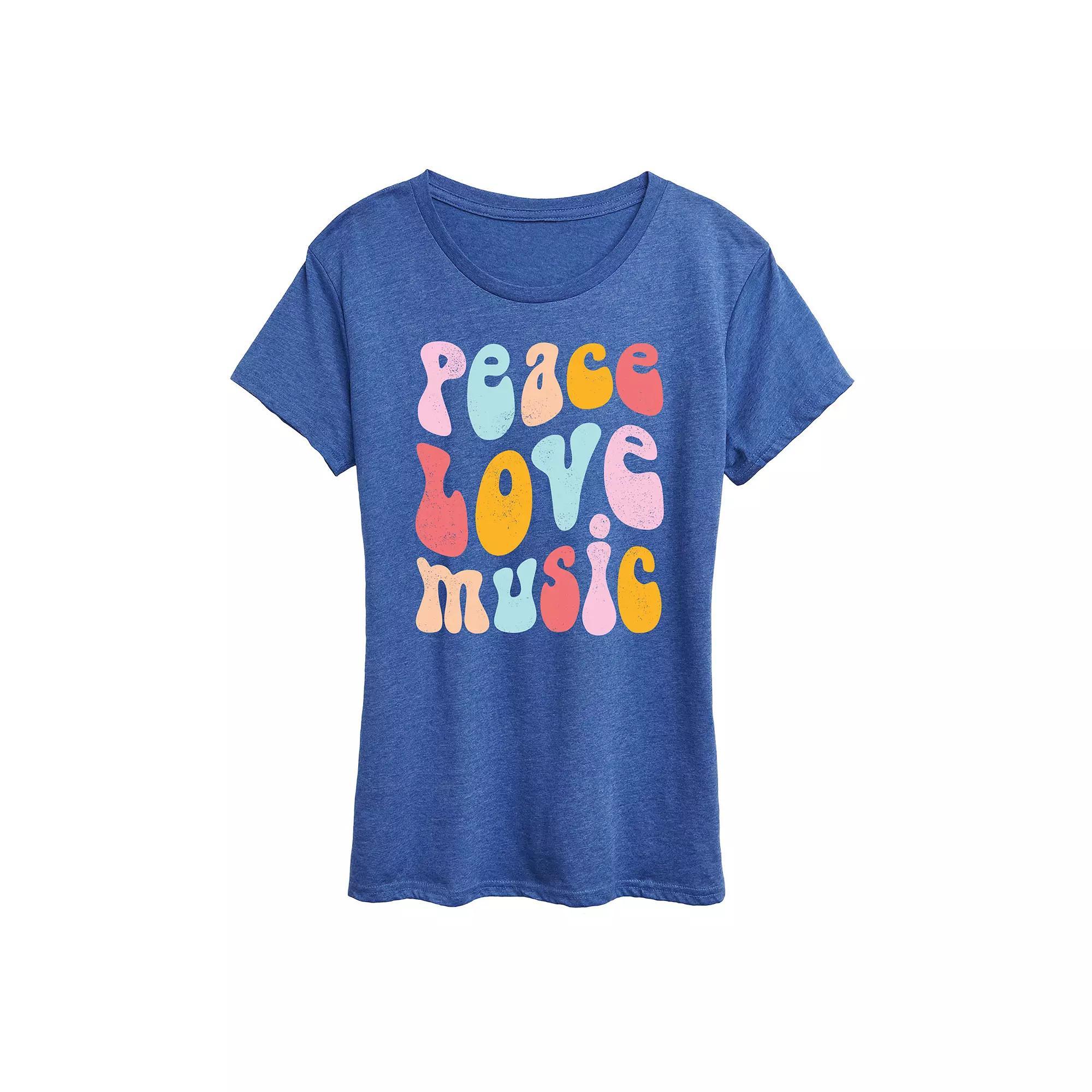 Women's Peace Love Music Distressed Graphic Tee, Size: XXL, Blue Product Image