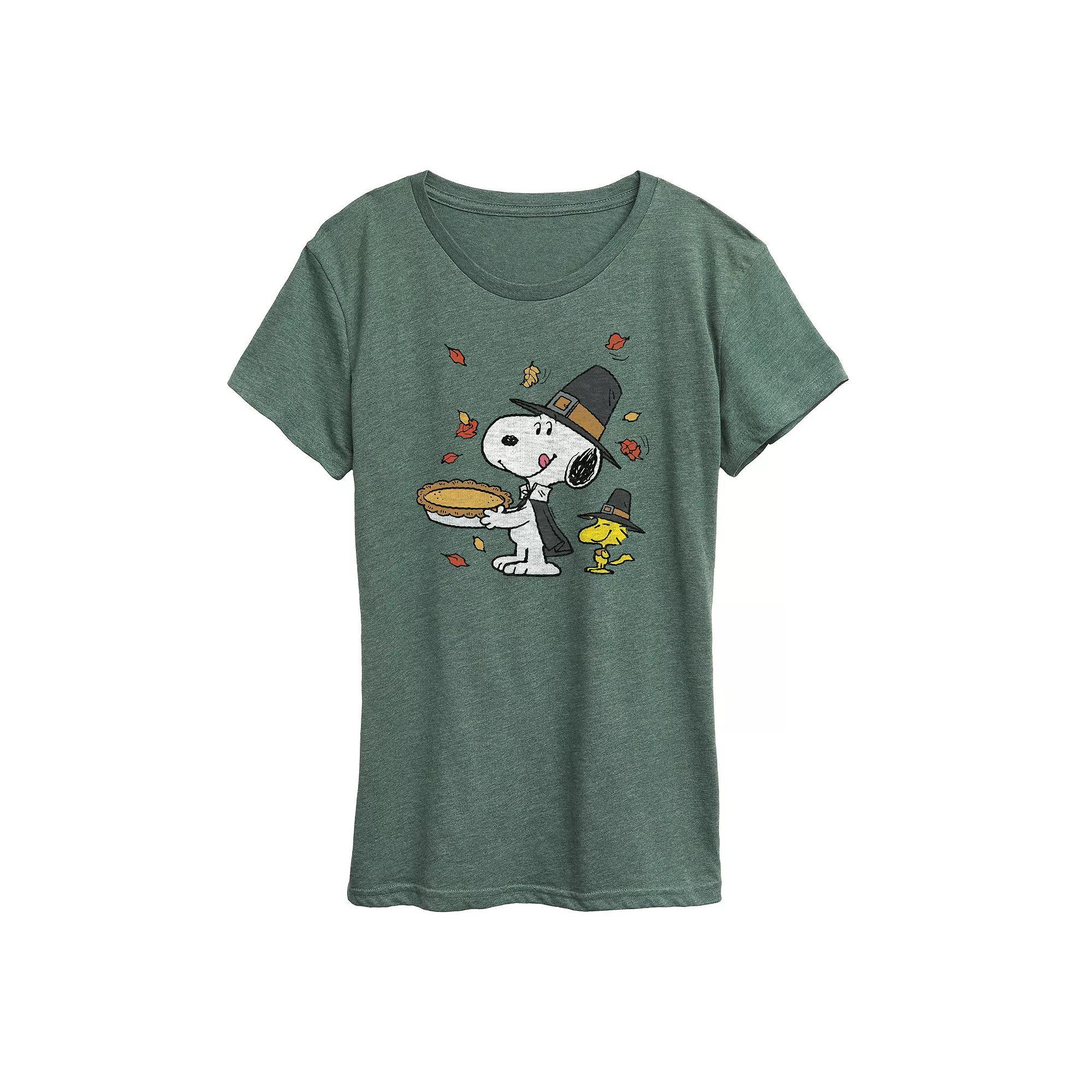 Women's Peanuts Snoopy & Woodstock Thanksgiving Scene Graphic Tee, Girl's, Size: XL, Grey Green Product Image