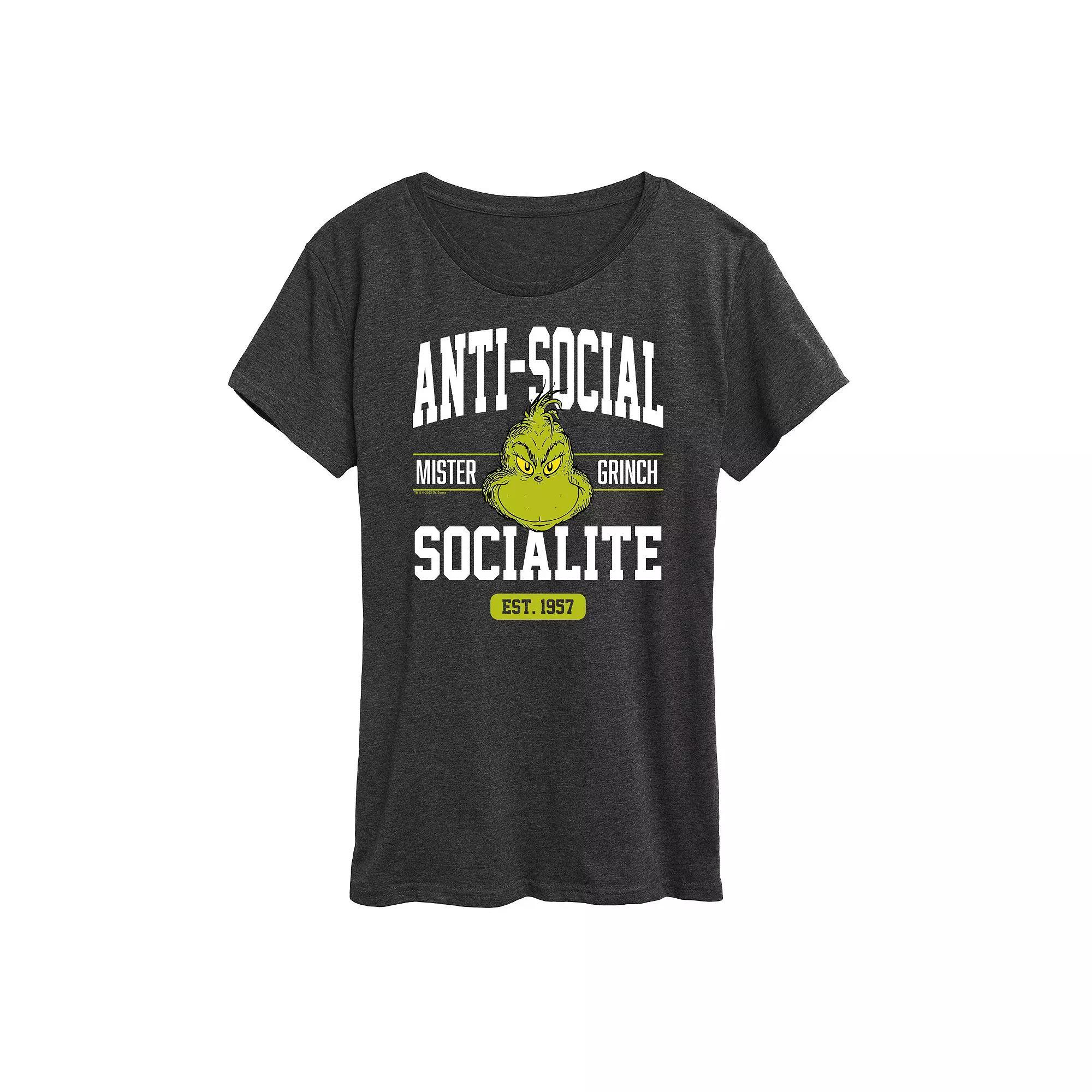 Women's Dr. Seuss The Grinch Anti Social Socialite Graphic Tee, Girl's, Size: Large, Grey Heather Product Image