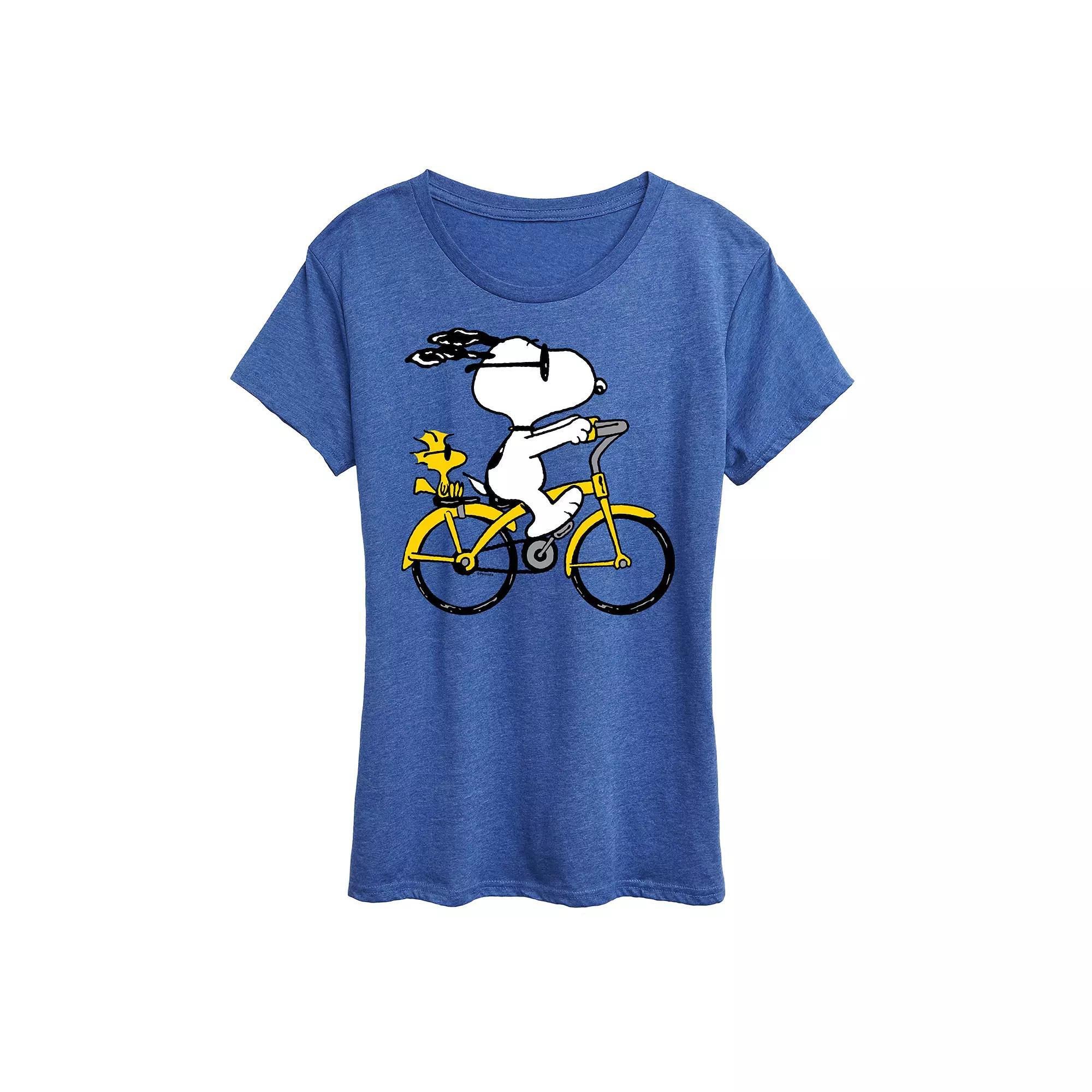 Women's Peanuts Snoopy & Woodstock Riding Bike Graphic Tee, Size: XL, Grey Royal Blue Product Image