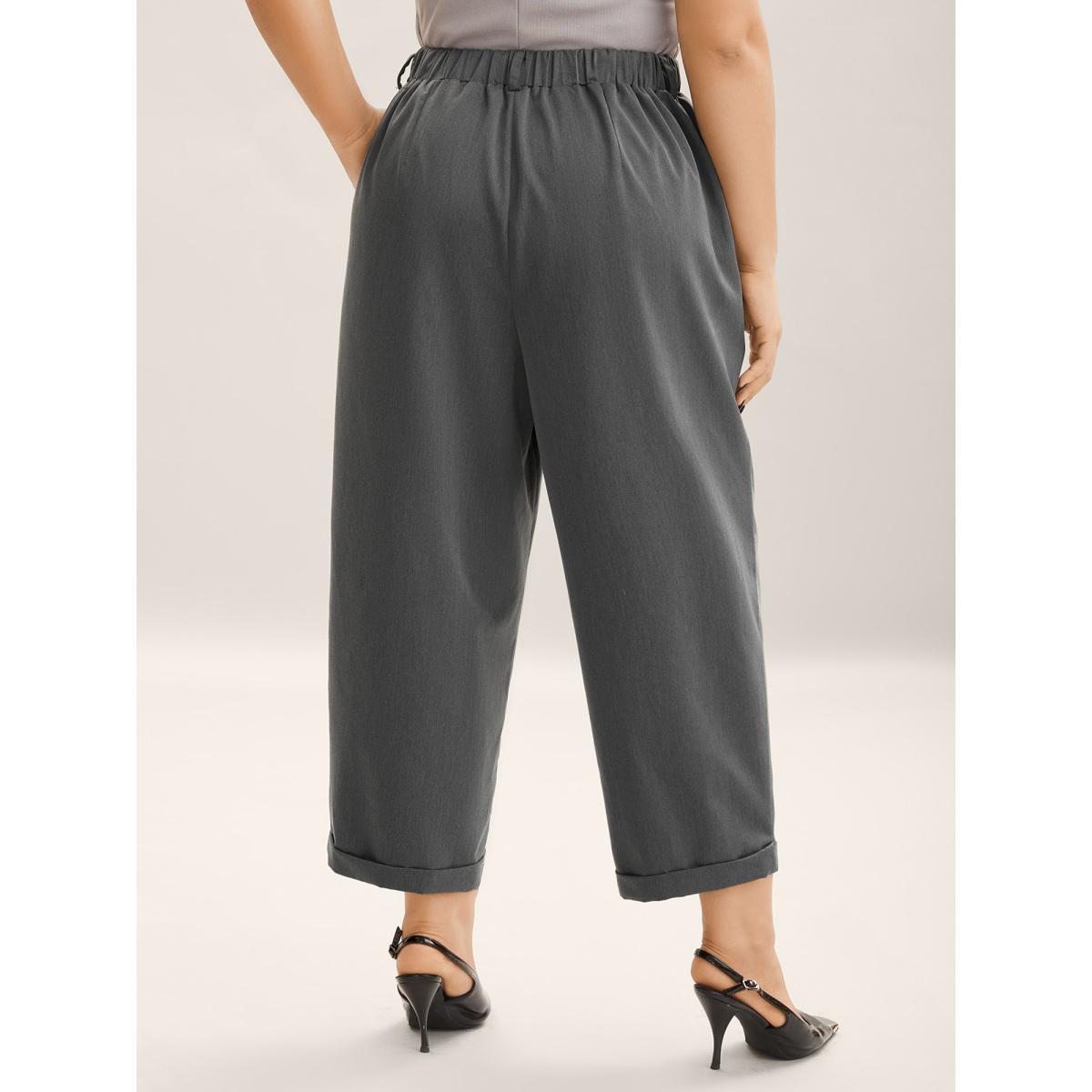 Plus Size Mid Waist Rolled Hem Straight-Leg Solid Pants Women DimGray At the Office Straight Leg Mid Rise Office Pants BloomChic 22-24/3X Product Image