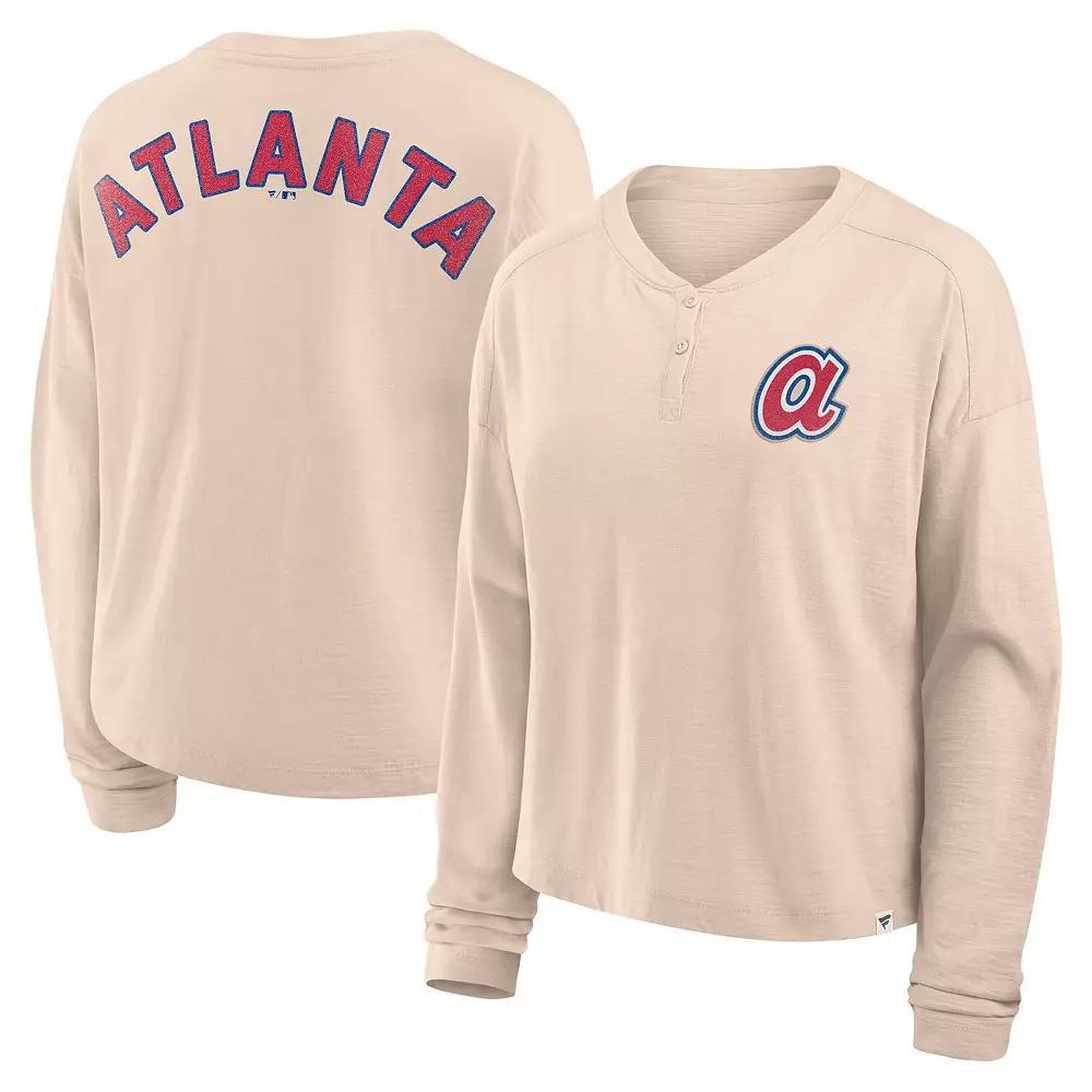 Women's Fanatics Tan Atlanta Braves Oversized Stadium Slub Long Sleeve Henley T-Shirt, Size: XL, Team Product Image