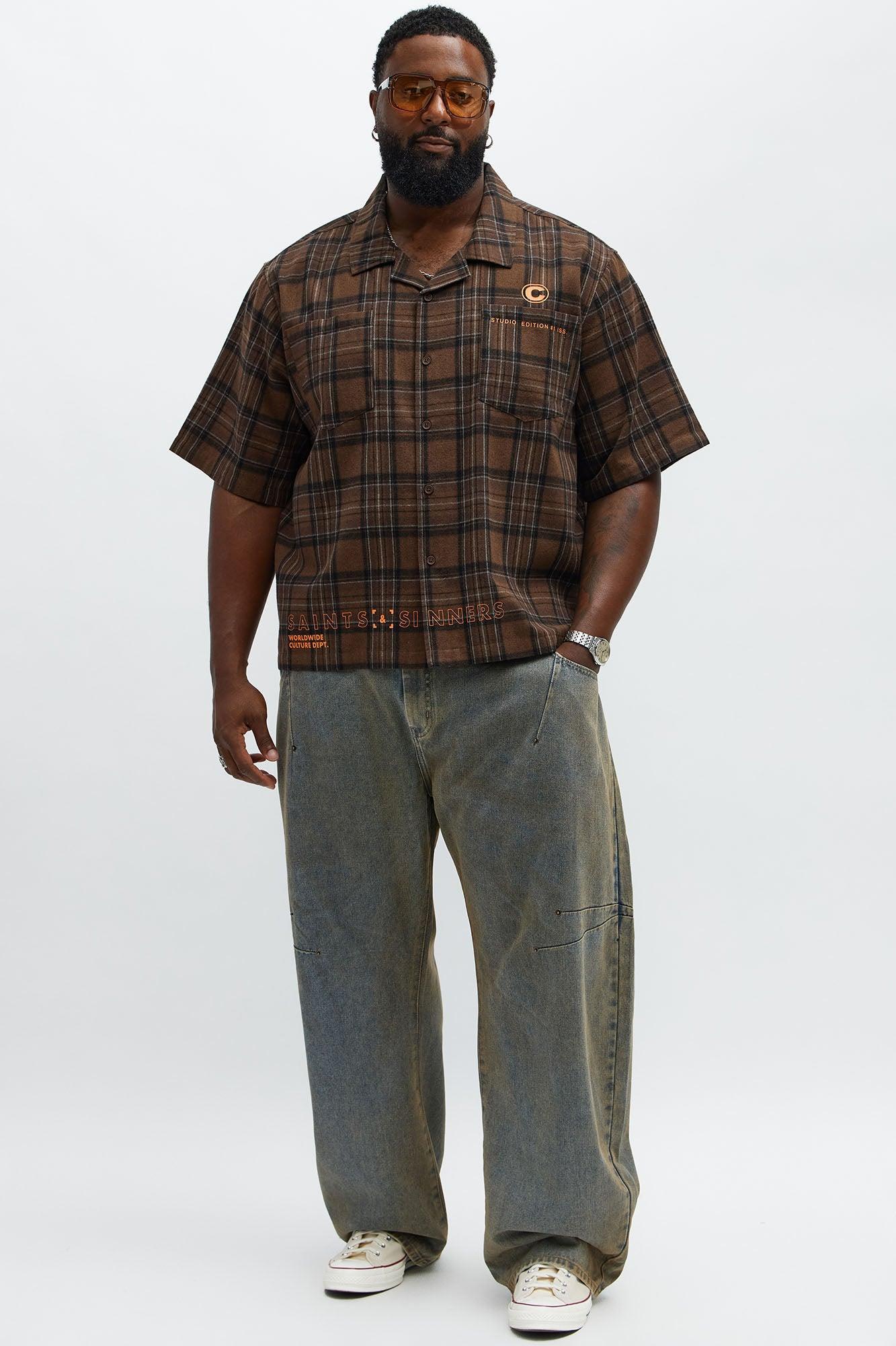 Culture Plaid Cropped Button Up Shirt - Brown Product Image