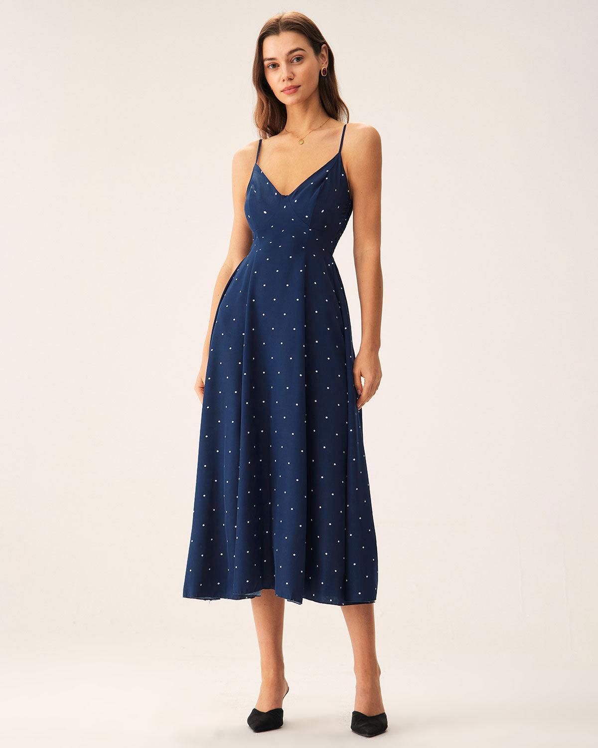 Navy Polka Dot Shirred Slip Midi Dress Product Image