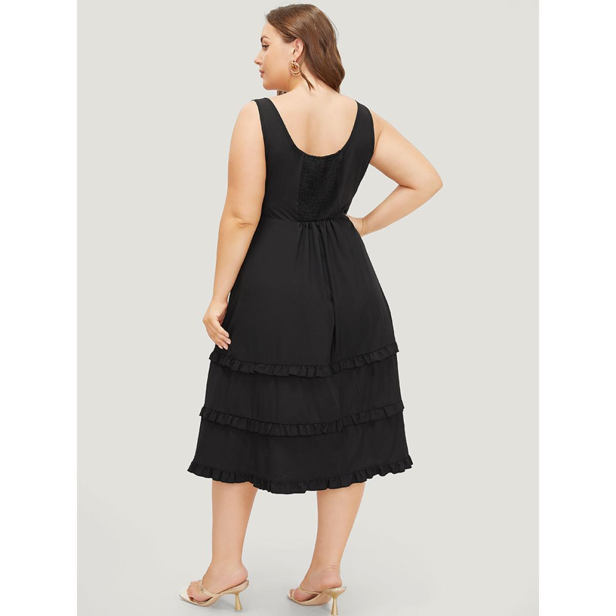 Plus Size Plain Ruffle Trim Pocket Layered Hem Tank Dress Black Women Elegant Round Neck Sleeveless Curvy Midi Dress BloomChic 26/4X Product Image