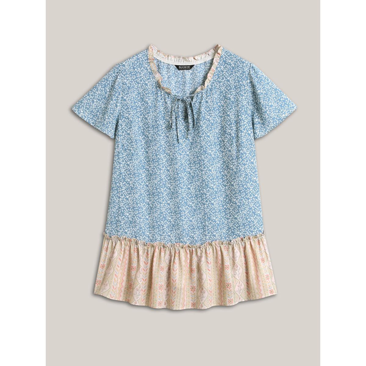 Plus Size LightBlue Ruffled Neck Tie Floral Print Blouse Women Short sleeve Notched collar Everyday-Elegant Blouses BloomChic 18-20/2X Product Image
