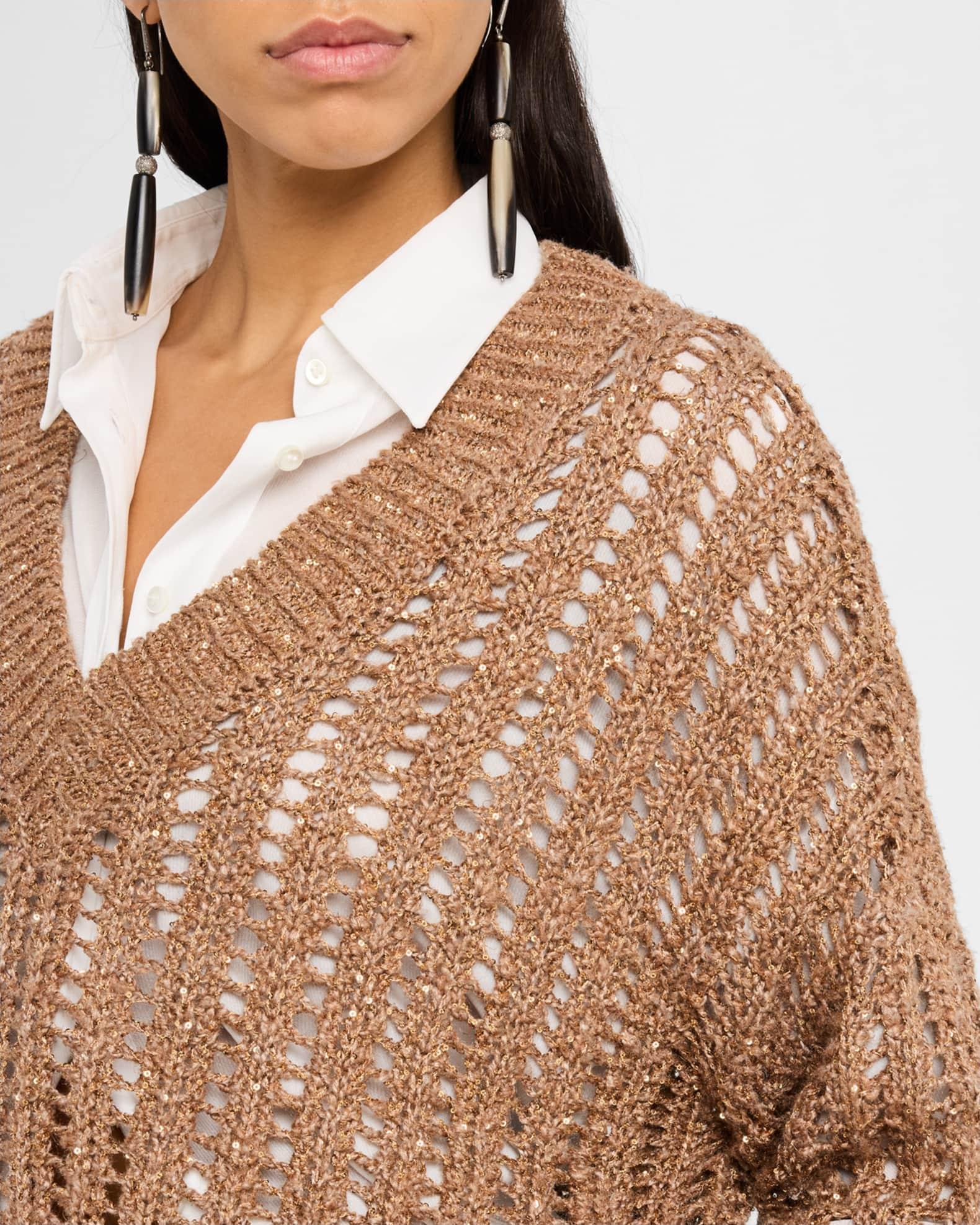 V-Neck Paillette Open-Weave Knit Sweater Product Image