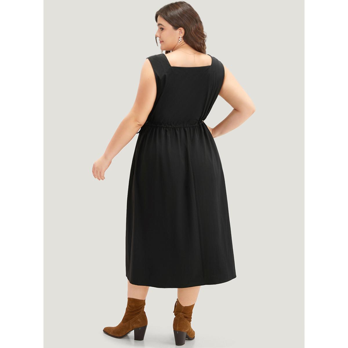 Plus Size Solid Pocket Drawstring Gathered Sleeveless Dress Black Women Casual Plain Spaghetti Strap Sleeveless Curvy Midi Dress BloomChic 22-24/3X Product Image