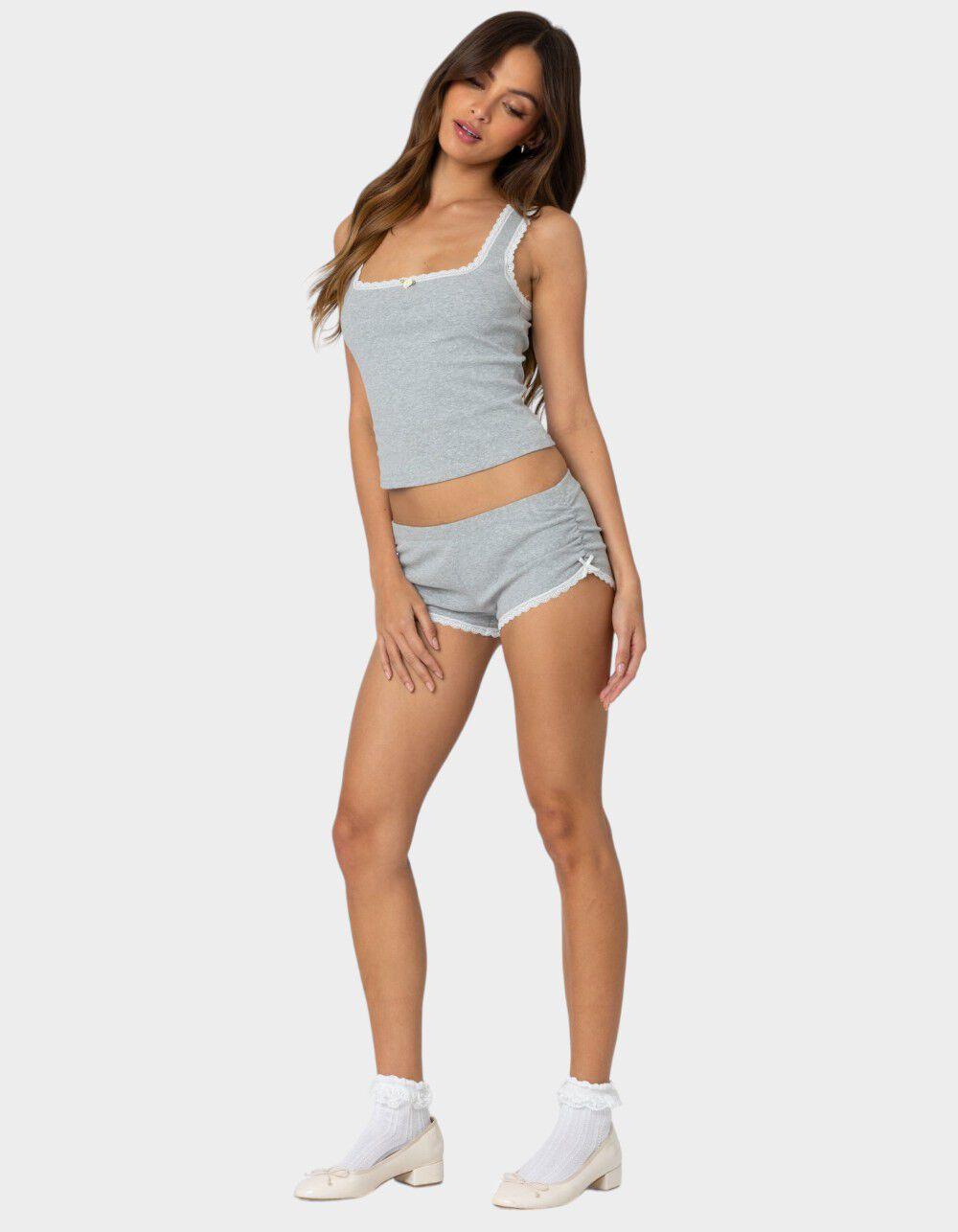 EDIKTED Kadence Ruched Lace Trim Shorts - GRAY Product Image