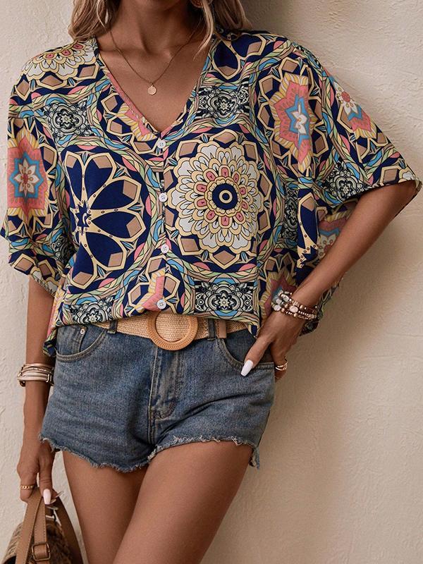 Batwing Sleeves Loose Buttoned Flower Print V-Neck Blouses&Shirts Tops Product Image