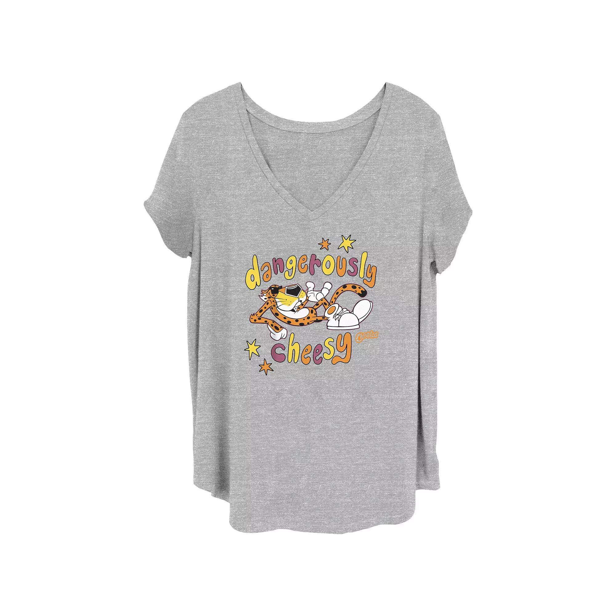 Juniors' Plus Size Cheetos Chester Cheetah Dangerously Cheesy V-Neck Graphic Tee, Girl's, Size: 1XL, Grey Grey Product Image