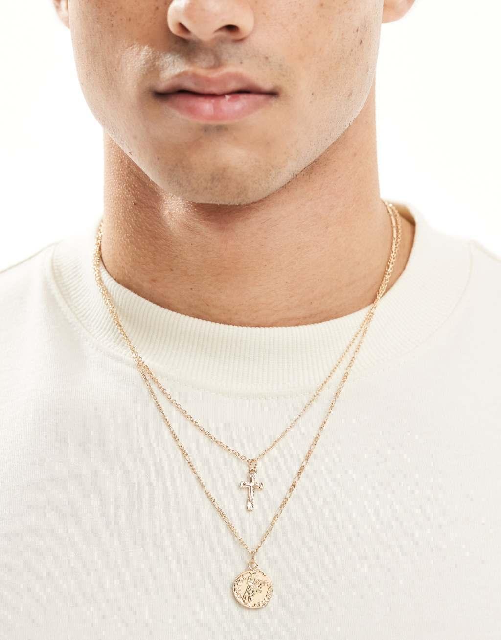 ASOS DESIGN 2 pack necklace with cross and coin pendant in gold tone Product Image