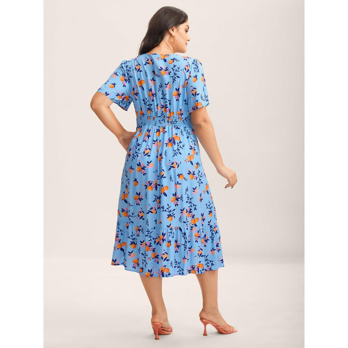 Plus Size Citrus Print Cinched-Waist Midi Dress Skyblue Women V-neck Short sleeve Curvy BloomChic 18-20/2X Product Image