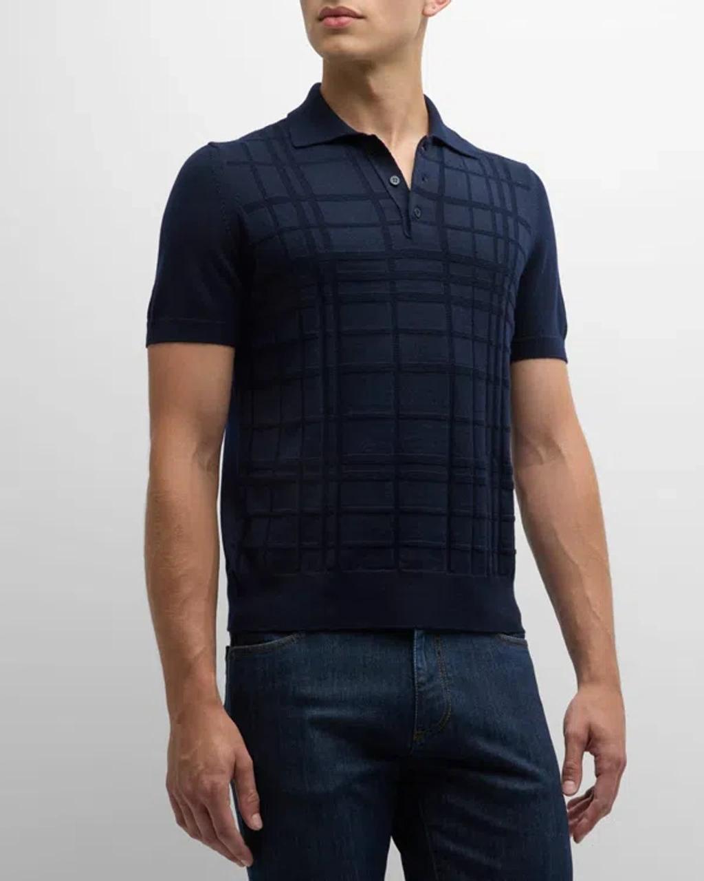 CANALI Men's Wool Tonal Plaid Polo Sweater In Navy Product Image