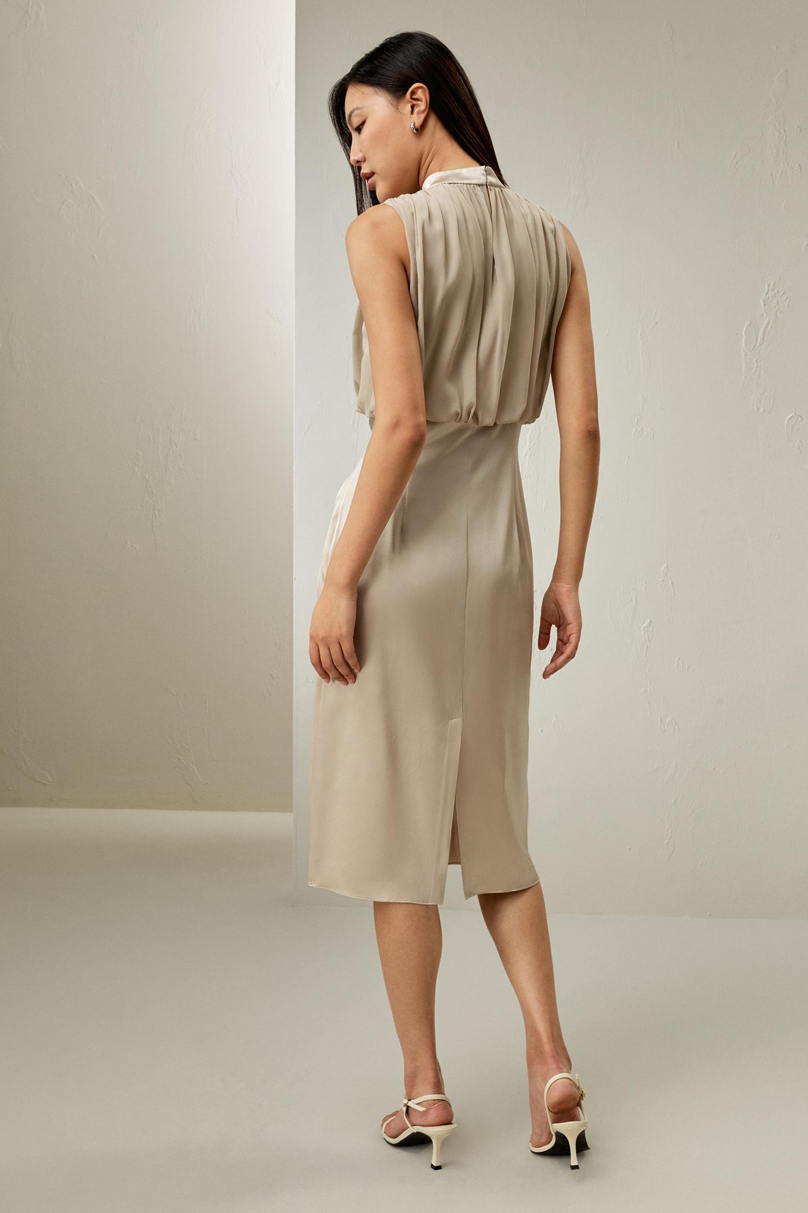Pleated Sleeveless Midi Silk Dress Product Image