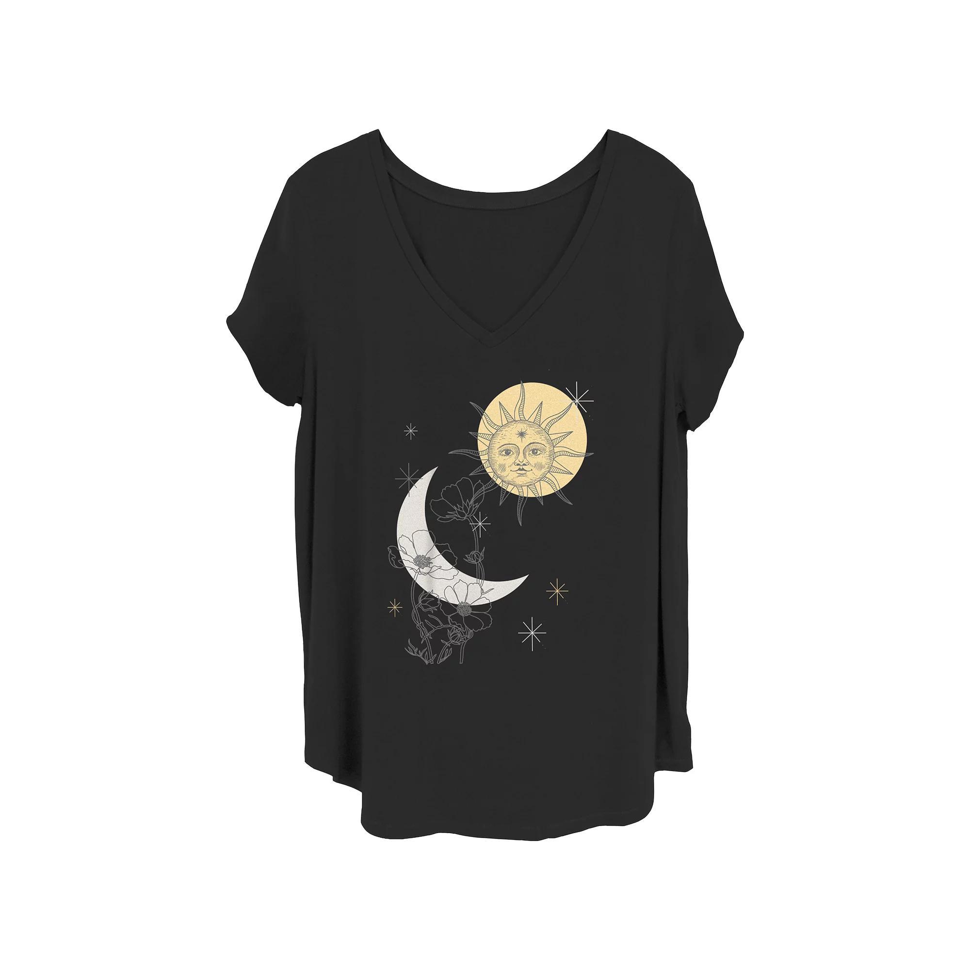 Juniors' Plus Moon And Sun Flowers And Stars V-Neck Graphic Tee, Women's,  Product Image