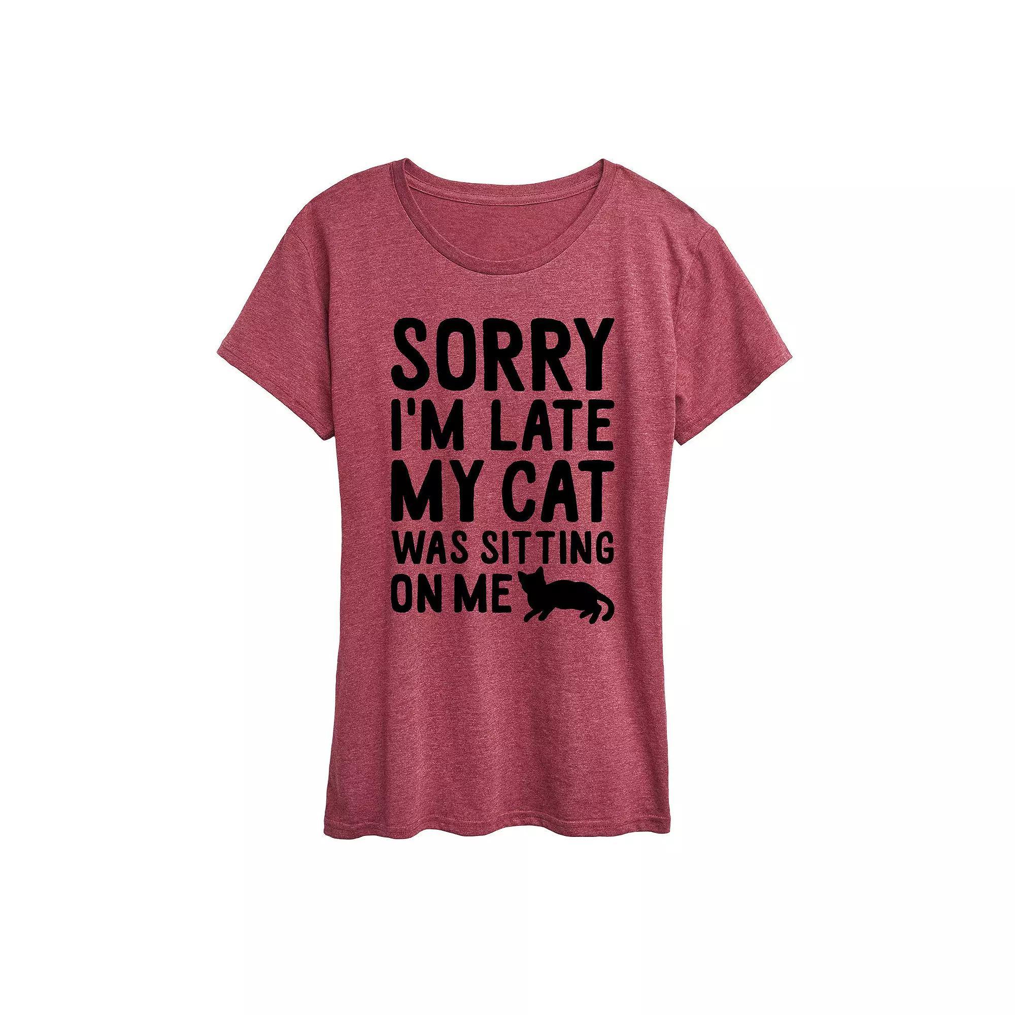 Women's Sorry I'm Late Cat Sitting On Me Graphic Tee, Girl's, Size: Large, Grey Wine Product Image