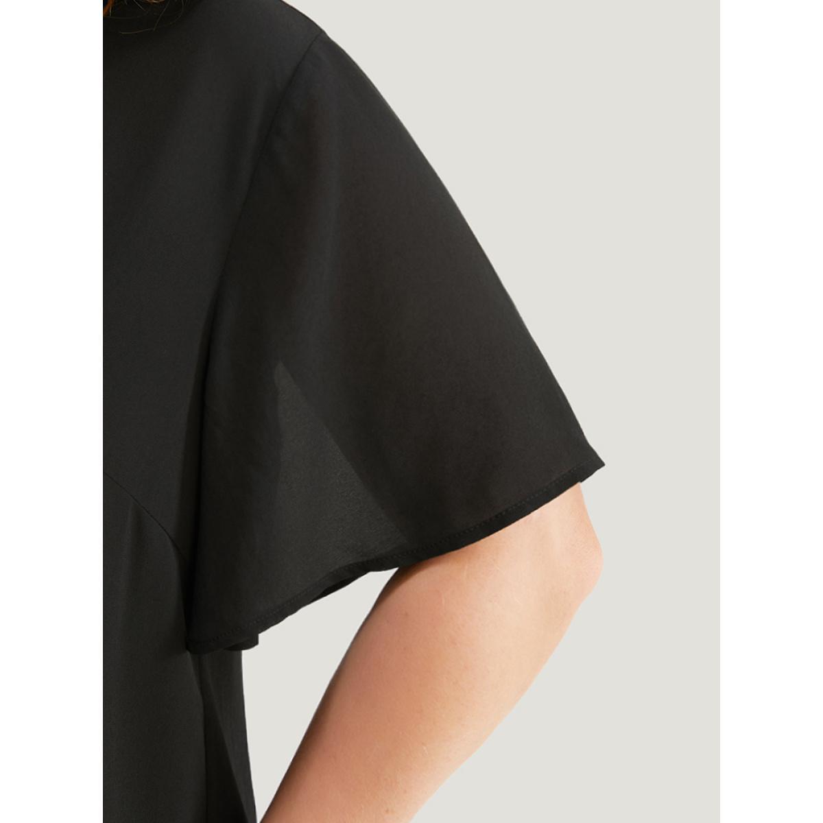 Plus Size Black Plain V Neck Mesh Ruffle Sleeve Button Detail Blouse Women Casual Short sleeve V-neck Office Blouses BloomChic 10/M Product Image