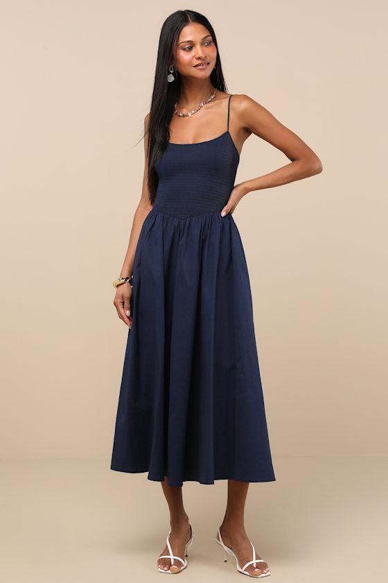 Tandria Navy Smocked Sleeveless Midi Dress Product Image
