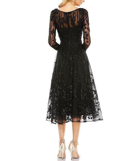 Mac Duggal V-Neck Embellished Floral Mesh Midi Dress Product Image