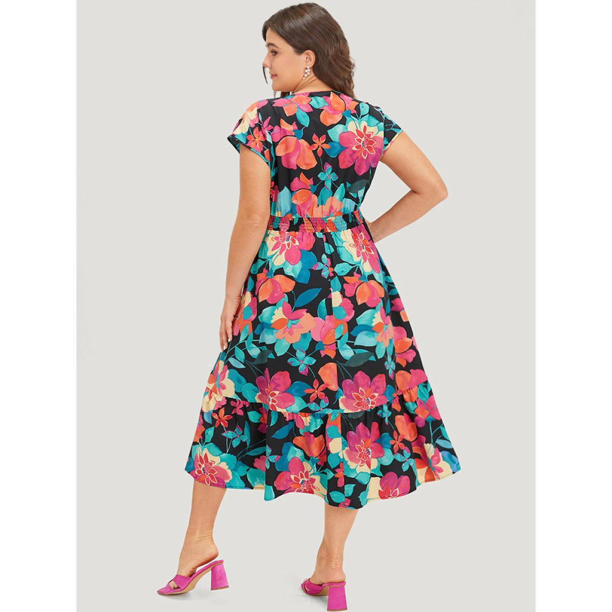 Plus Size Floral Shirred Overlap Collar Batwing Sleeve Dress Black Women Elegant Wrap V-neck Cap Sleeve Curvy Midi Dress BloomChic 14-16/1X Product Image