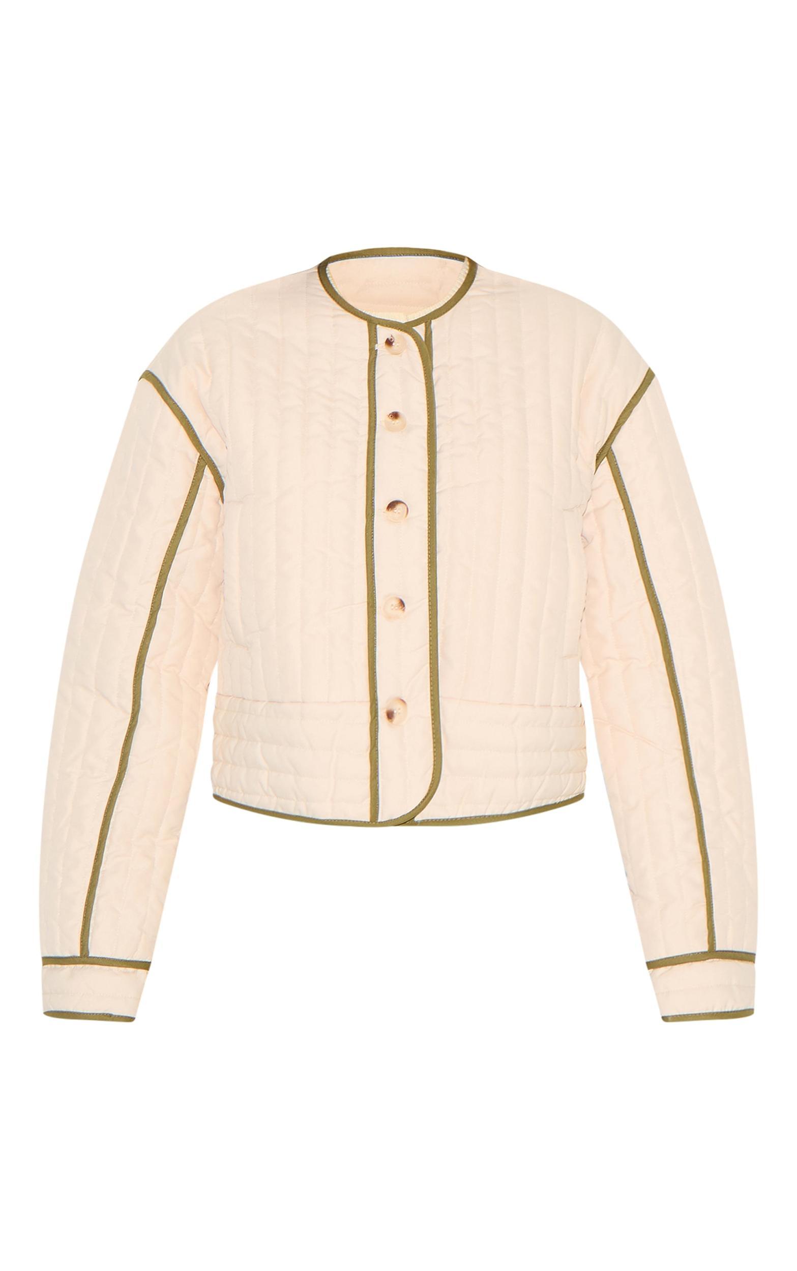  Cream Button Up Round Neck Quilted Jacket Product Image
