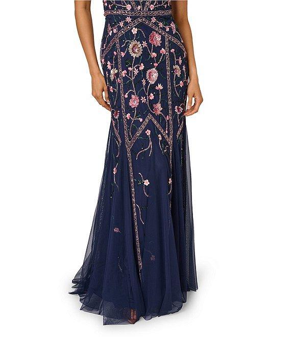 Adrianna Papell Beaded Mesh Floral Godet Gown Product Image